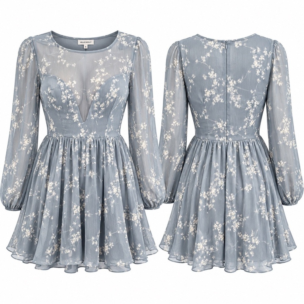 Hello Molly Women 8 Blue Dloral Chiffon Mini Dress Sheer Long Sleeved Lined